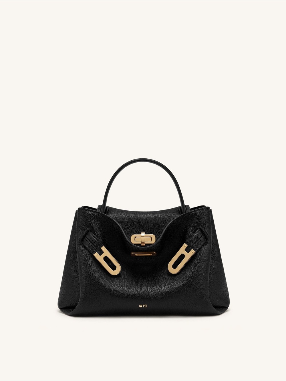 JW Pei Rhea Pebbled Double Buckle Shoulder Bag Black Gold Hardware